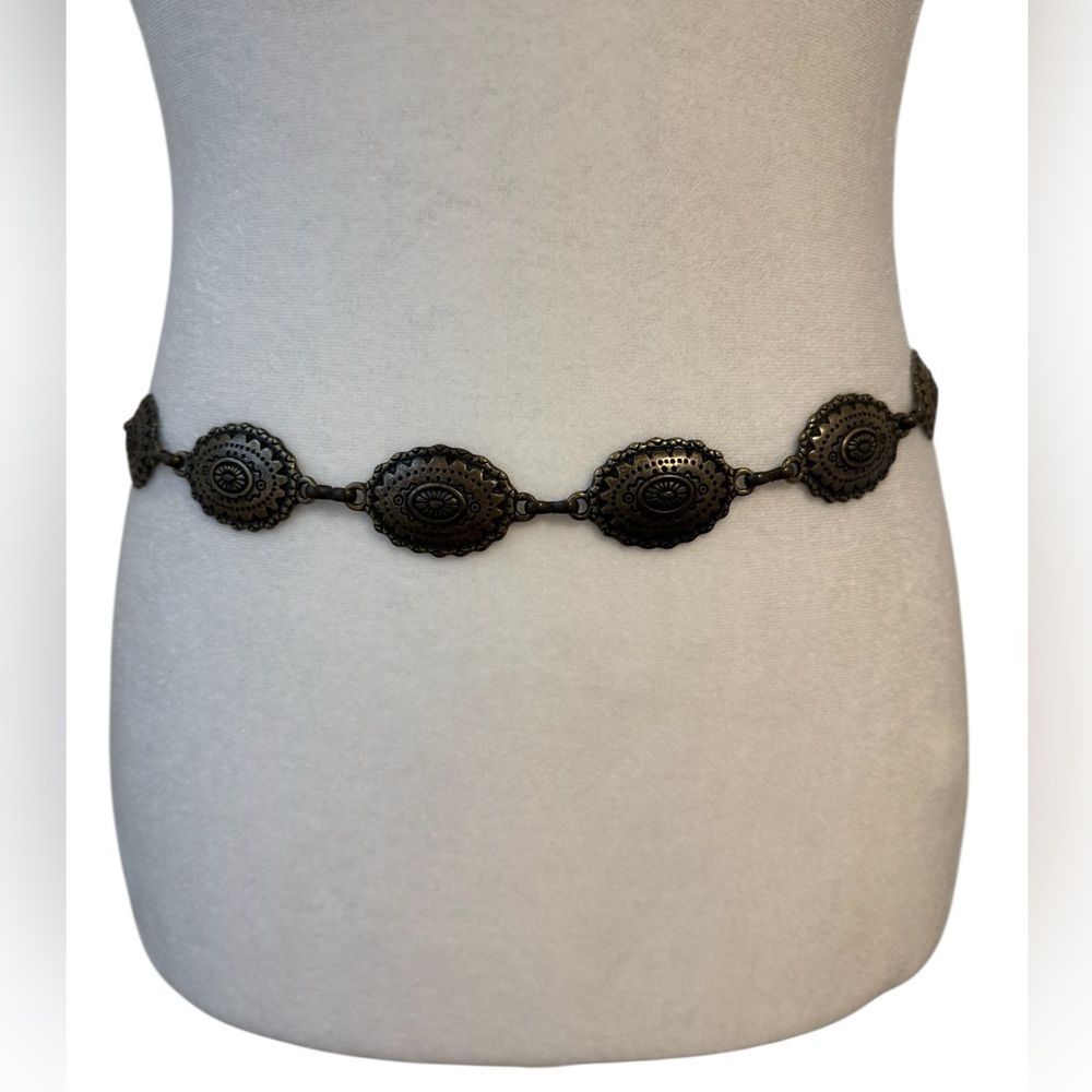 Vintage Style Concho Chain Belt Western Boho Engraved Disc Antique Brass 37”